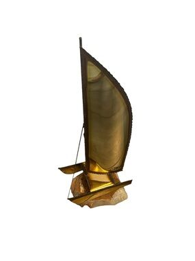 DeMott Signed MCM Brass Copper Catamaran Sailboat Sculpture Imported Onyx Base